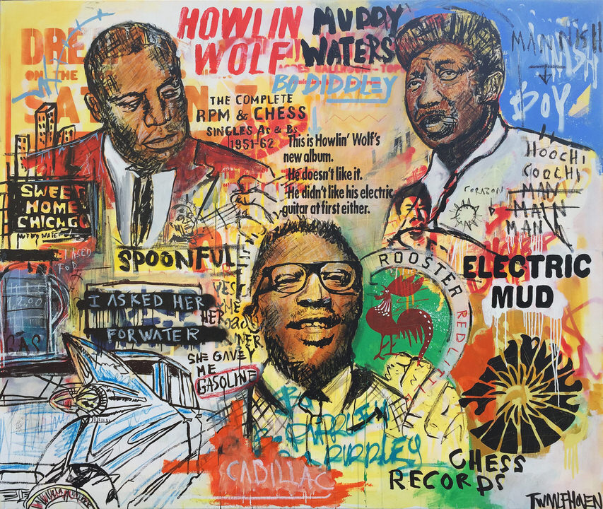 MUDDY WATERS HOWLIN WOLF BO DIDDLEY BLUES PAINTING ART KUNST 170X190 NICK TWAALFHOVEN