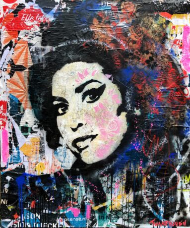 This Amy Winehouse 120x100 painting is an original neo-pop artwork from Dutch artist Nick Twaalfhoven. Made with mixed media techniques, stretched on canvas and finished with clear varnish.