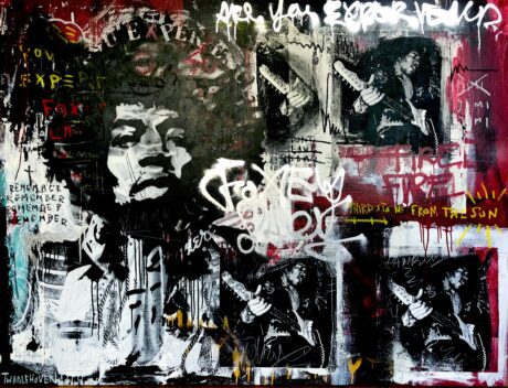 This Jimi Hendrix painting 180x120, is an original neo-pop artwork from Dutch artist Nick Twaalfhoven. Made with mixed media techniques, stretched on canvas and finished with clear varnish.