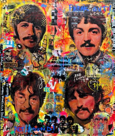 This Beatles 150x130 painting is an original neo-pop artwork from Dutch artist Nick Twaalfhoven. Made with mixed media techniques, stretched on canvas and finished with clear varnish.