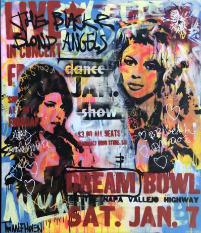 This Brigitte Bardot, Amy Winehouse 140x120 painting is an original neo-pop artwork from Dutch artist Nick Twaalfhoven. Made with mixed media techniques, stretched on canvas and finished with clear varnish.