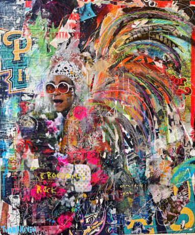 This Elton John painting is an original neo-pop artwork from Dutch artist Nick Twaalfhoven. Made with mixed media techniques, stretched on canvas and finished with clear varnish.