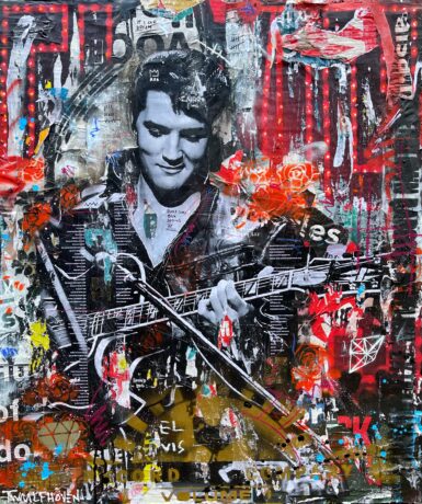 This Elvis Presley painting is an original neo-pop artwork from Dutch artist Nick Twaalfhoven. Made with mixed media techniques, stretched on canvas and finished with clear varnish.