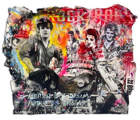 This Elvis Presley - Ambition is a dream with a V8 engine, painting 100x120 is an original neo-pop artwork from Dutch artist Nick Twaalfhoven. Made with mixed media techniques, stretched on canvas and finished with clear varnish epoxy.