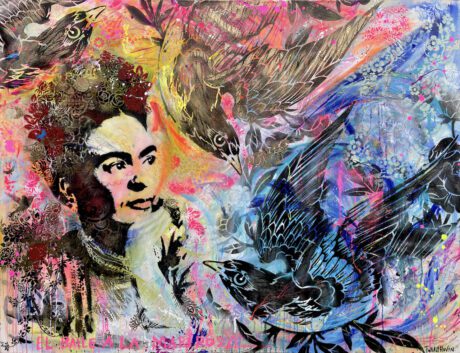 This Frida Kahlo free birds painting 170x130 is an original neo-pop artwork from Dutch artist Nick Twaalfhoven. Made with mixed media techniques, stretched on canvas and finished with clear varnish.