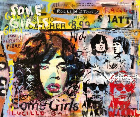 This Some Girls painting (inspired on the rolling stones) 100x120 is an original neo-pop artwork from Dutch artist Nick Twaalfhoven. Made with mixed media techniques, stretched on canvas and finished with clear varnish.