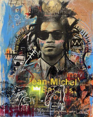 This Jean Michel Basquiat portrait 120x100 painting is an original neo-pop artwork from Dutch artist Nick Twaalfhoven. Made with mixed media techniques, stretched on canvas and finished with clear varnish.