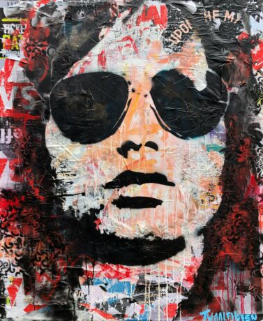 This Jim Morrison 120x100 painting is an original neo-pop artwork from Dutch artist Nick Twaalfhoven. Made with mixed media techniques, stretched on canvas and finished with clear varnish.