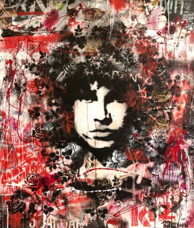 This Jim Morrison 120x100 painting is an original neo-pop artwork from Dutch artist Nick Twaalfhoven. Made with mixed media techniques, stretched on canvas and finished with clear varnish.