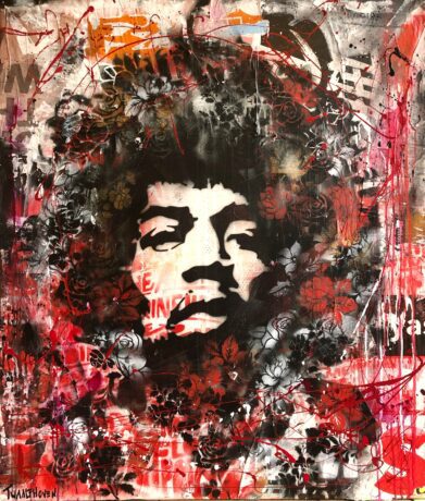 This Jimi Hendrix 120x100 painting is an original neo-pop artwork from Dutch artist Nick Twaalfhoven. Made with mixed media techniques, stretched on canvas and finished with clear varnish.