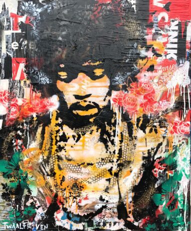 This Jimi Hendrix 120x100 painting is an original neo-pop artwork from Dutch artist Nick Twaalfhoven. Made with mixed media techniques, stretched on canvas and finished with clear varnish.