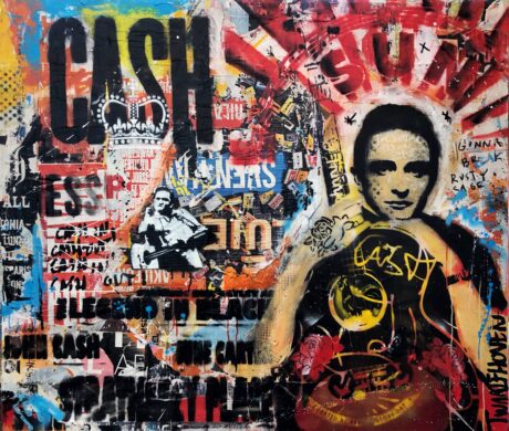 This Johnny Cash 130x150 painting is an original neo-pop artwork from Dutch artist Nick Twaalfhoven. Made with mixed media techniques, stretched on canvas and finished with clear varnish.