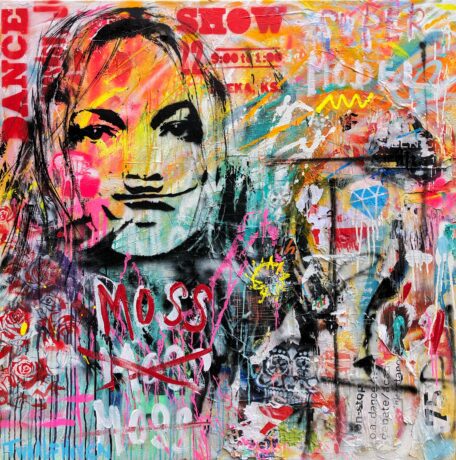 This Kate Moss 120x120 painting is an original neo-pop artwork from Dutch artist Nick Twaalfhoven. Made with mixed media techniques, stretched on canvas and finished with clear varnish.