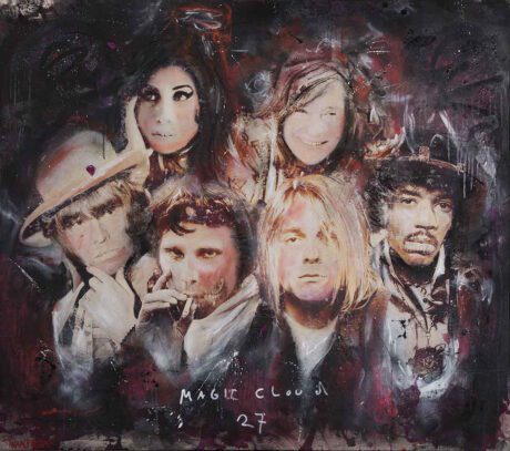 This Club of 27 painting (Jim Morrison, Jimi Hendrix, Amy Winehouse, Brian Jones, Kurt Cobain, Janis Joplin 140x120, is an original neo-pop artwork from Dutch artist Nick Twaalfhoven. Made with mixed media techniques, stretched on canvas and finished with clear epoxy varnish.