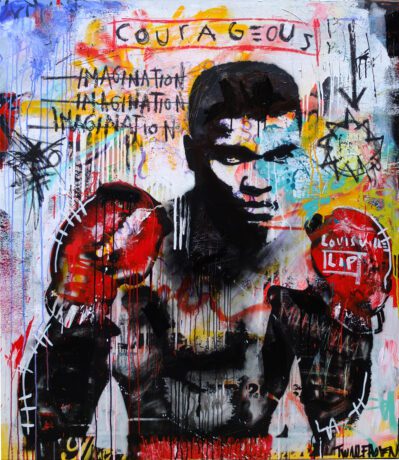 This Muhammed Ali painting 140x120, is an original neo-pop artwork from Dutch artist Nick Twaalfhoven. Made with mixed media techniques, stretched on canvas and finished with clear epoxy varnish.