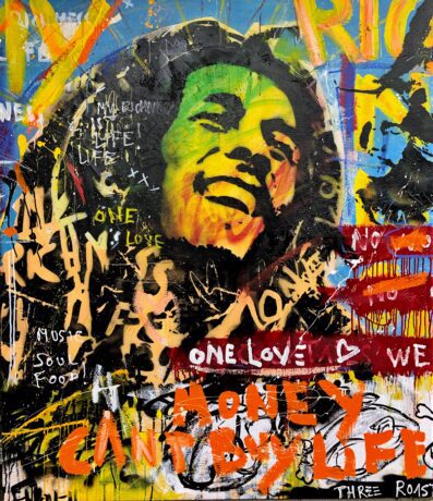 This Bob Marley painting 160x140, is an original neo-pop artwork from Dutch artist Nick Twaalfhoven. Made with mixed media techniques, stretched on canvas and finished with clear epoxy varnish.