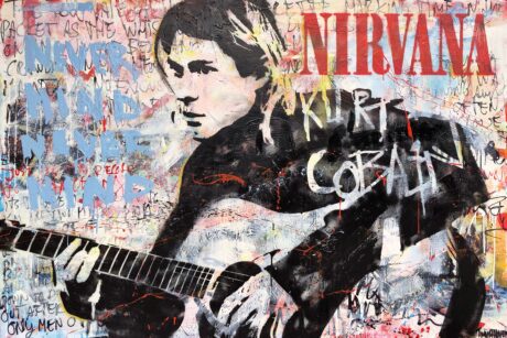 This Kurt Cobain painting is an original neo-pop artwork from Dutch artist Nick Twaalfhoven. Made with mixed media techniques, stretched on canvas and finished with clear varnish.