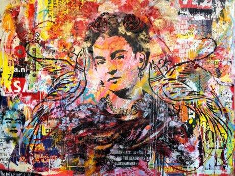 This Frida Kahlo painting 190x140, is an original neo-pop artwork from Dutch artist Nick Twaalfhoven. Made with mixed media techniques, stretched on canvas and finished with clear epoxy varnish.