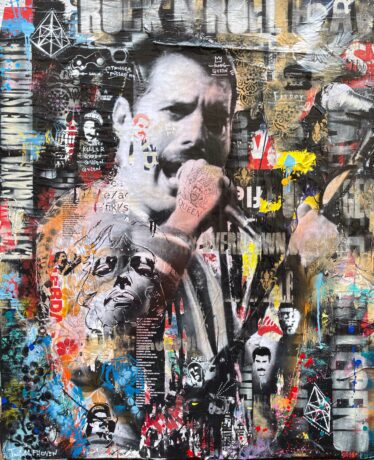 This Freddy Mercury (Queen) painting 100x120, is an original neo-pop artwork from Dutch artist Nick Twaalfhoven. Made with mixed media techniques, stretched on canvas and finished with clear varnish.