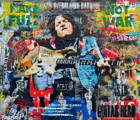 This Rory Gallagher painting 100x120, is an original neo-pop artwork from Dutch artist Nick Twaalfhoven. Made with mixed media techniques, stretched on canvas and finished with clear varnish.