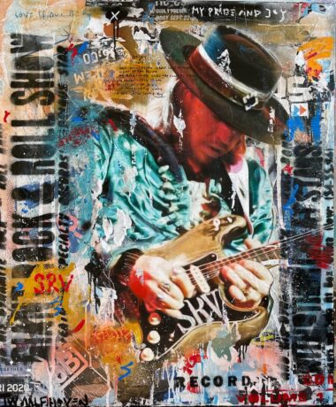 This Stevie Ray Vaughan, 120x100 is an original neo-pop artwork from Dutch artist Nick Twaalfhoven. Made with mixed media techniques, stretched on canvas and finished with clear varnish epoxy.