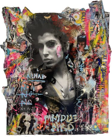 This Amy Winehouse painting, 120x100 is an original neo-pop artwork from Dutch artist Nick Twaalfhoven. Made with mixed media techniques, stretched on canvas and finished with clear varnish epoxy.