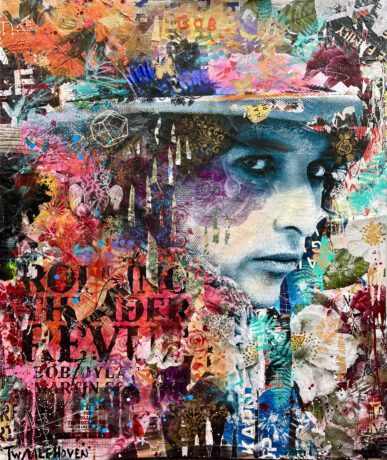 This Bob Dylan 120x100 painting is an original neo-pop artwork from Dutch artist Nick Twaalfhoven. Made with mixed media techniques, stretched on canvas and finished with clear varnish.