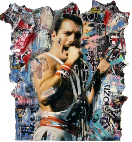 This Freddy Mercury painting is an original neo-pop artwork from Dutch artist Nick Twaalfhoven. Made with mixed media techniques, stretched on canvas and finished with clear varnish.