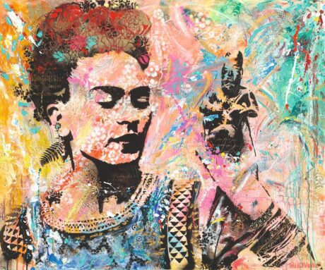 This Frida Kahlo painting 120x110 is an original neo-pop artwork from Dutch artist Nick Twaalfhoven. Made with mixed media techniques, stretched on canvas and finished with clear varnish.