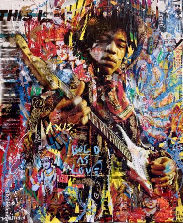 This Jimi Hendrix 120x100 painting is an original neo-pop artwork from Dutch artist Nick Twaalfhoven. Made with mixed media techniques, stretched on canvas and finished with clear varnish.