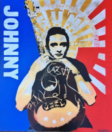 This Johnny Cash 140x120 painting is an original neo-pop artwork from Dutch artist Nick Twaalfhoven. Made with mixed media techniques, stretched on canvas and finished with clear varnish.