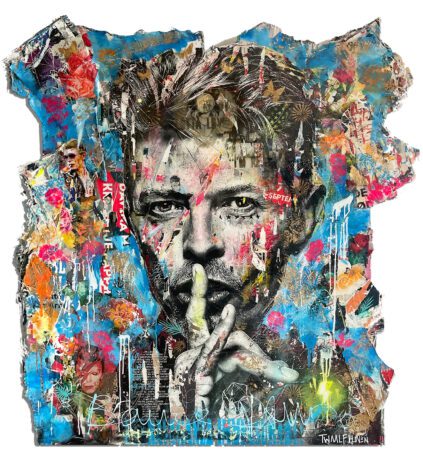 This David Bowie painting 100x120, is an original neo-pop artwork from Dutch artist Nick Twaalfhoven. Made with mixed media techniques, stretched on canvas and finished with clear epoxy varnish.